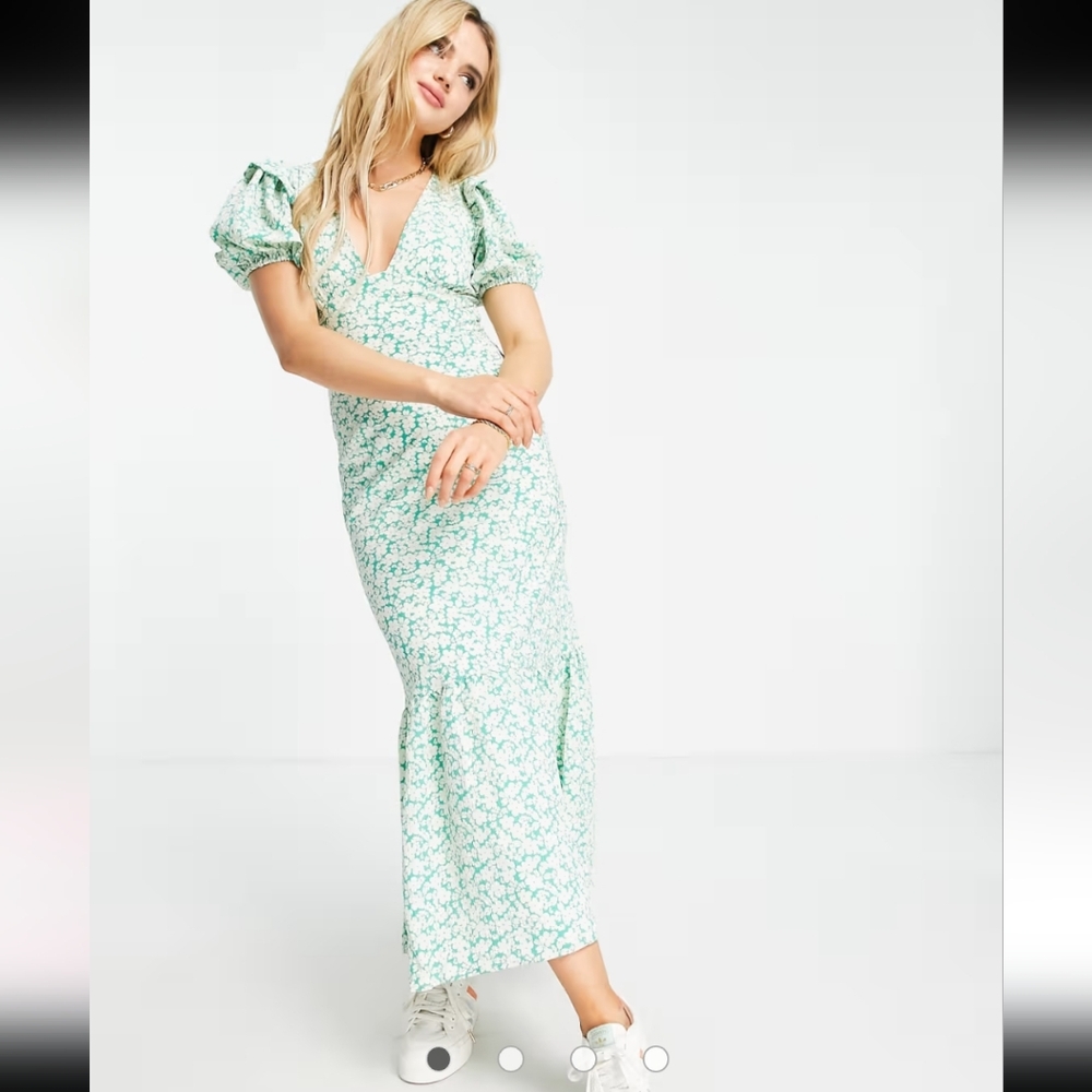 Fashion Union maxi tea dress in green floral with ruffle sleeves
